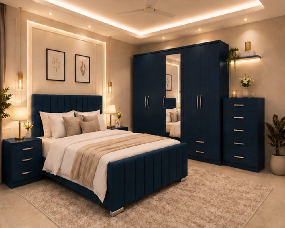 Luxury Double Bed Furniture Set – Five Door Wardrobe with One Full Length Mirror & Four Bottom Drawers – Chest of Five Drawers with Two Bed Side Tables - Image 4