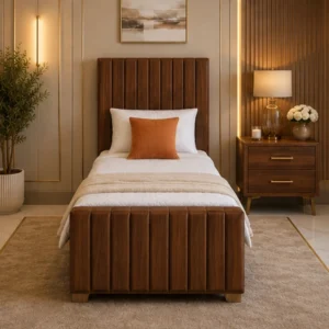 Walnut Brown Single Bed – Panel Design Single Bed with Mattress – 90 x 190 cm – 90x190cm Bed with Mattress