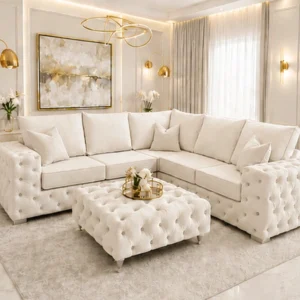 5 Seater Chesterfield Corner Sofa – Luxury Deep Buttoned Fabric Sofa