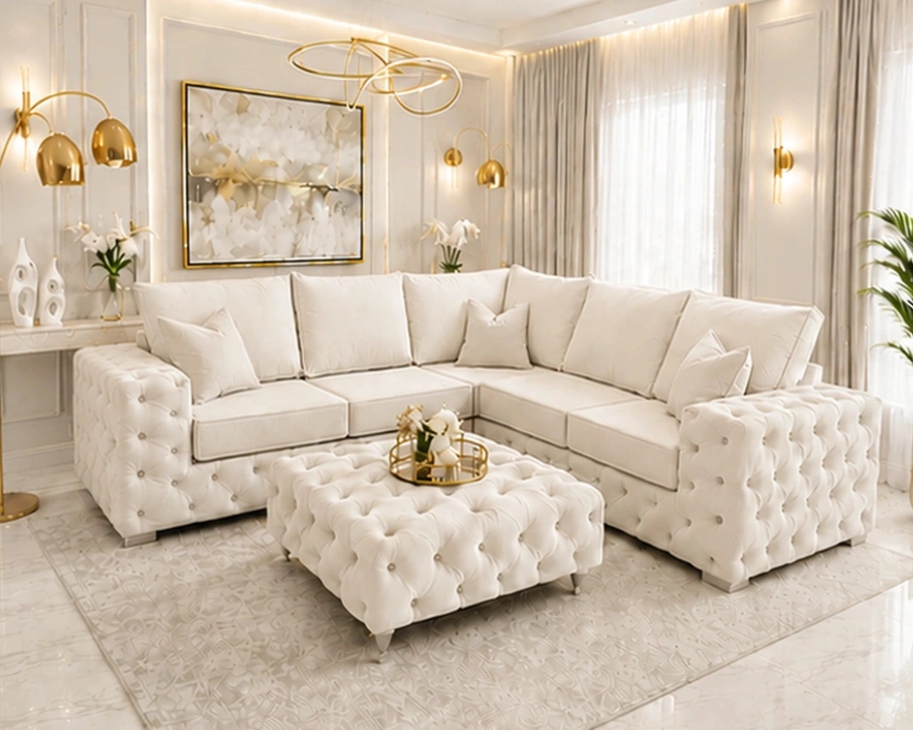 5 Seater Chesterfield Corner Sofa – Luxury Deep Buttoned Fabric Sofa
