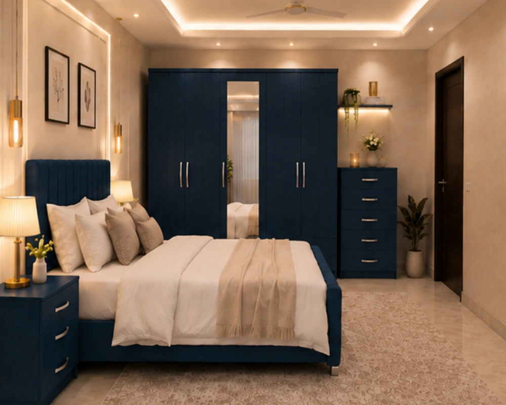 Luxury Double Bed Furniture Set – Five Door Wardrobe with One Full Length Mirror & Four Bottom Drawers – Chest of Five Drawers with Two Bed Side Tables - Image 5