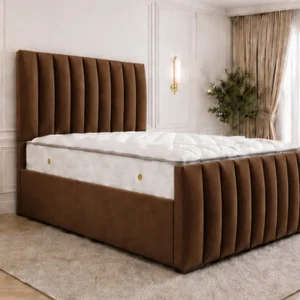 Brown King Size Bed With Mattress– Elegant Panel Headboard King Bed 180 x 200 cm