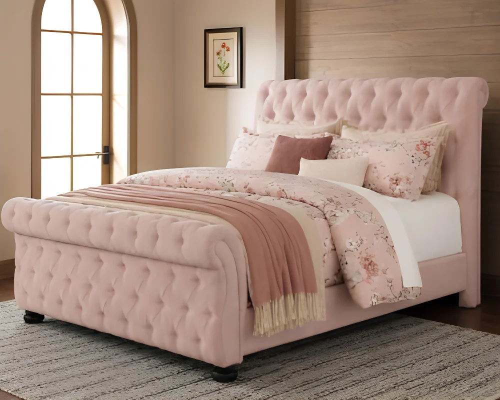 Classic Soft Pink Luxury Sleigh Bed Frame - Double 4ft6 Velvet Bed with mattress - Image 2