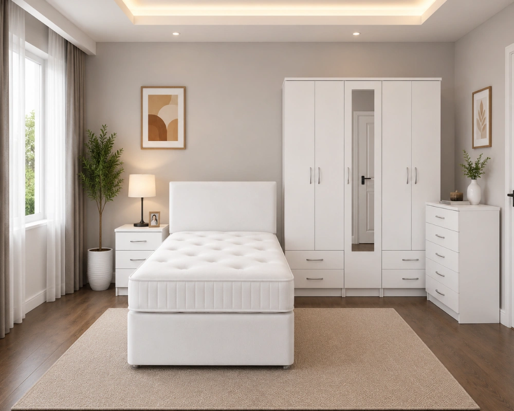Premium Bedroom Furniture Set – Double Bed, Five Door Wardrobe with Four Bottom Drawers, Chest of Five Drawers & Two Bedside Tables
