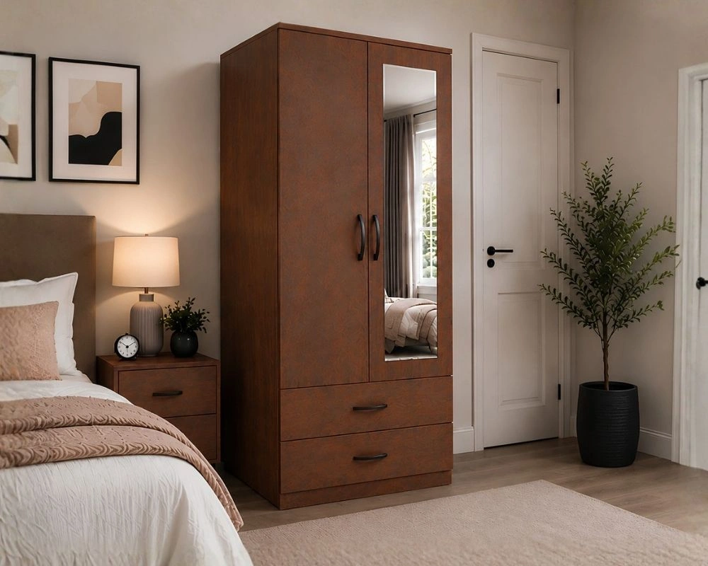2 Door Mirrored Wardrobe with 2 Drawers - Modern Bedroom Storage Cabinet - Image 2