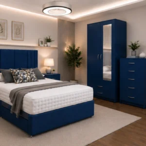 King Bed Room Set - 2 Door Mirror Wardrobe With Storage Drawer - Five Drawer Chest - Two Bedside Tables