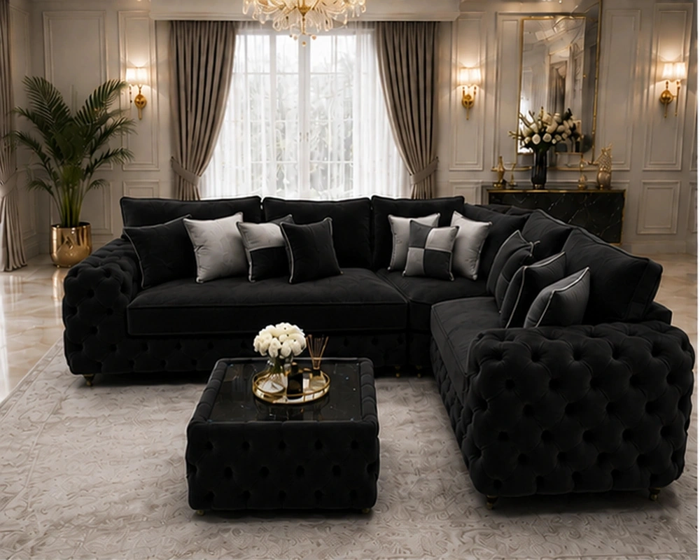 Black L Shape Corner Sofa – Luxury Tufted Lounge Sofa with Premium Finish - Image 2