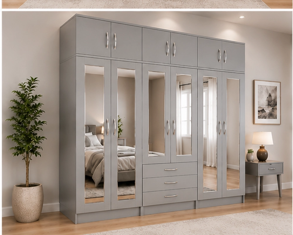 Elegant Dove Grey 6 Door Wardrobe – Spacious Mirrored Design with Drawer Unit - Image 2