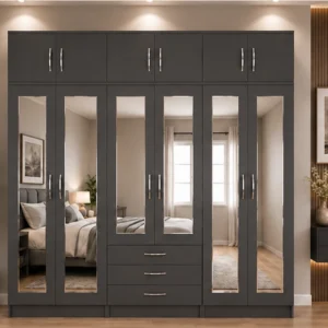 Smoky Grey 6 Door Wardrobe – Contemporary Design with Central Drawers