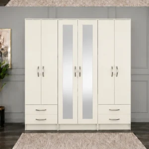 Modern 6 Door Mirrored Wardrobe with Spacious Hanging Storage | Large Bedroom Wardrobe with Drawers and Full-Length Mirrors