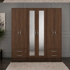 Elegant Bedroom Wardrobe with Large 6 Door Storage Design | Modern Mirrored Wardrobe with Practical Drawers and Hanging Rails