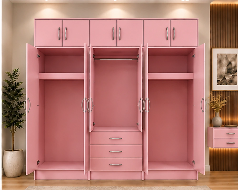 Soft Pink Bedroom Wardrobe – Modern 6 Door Mirrored Storage Design - Image 3