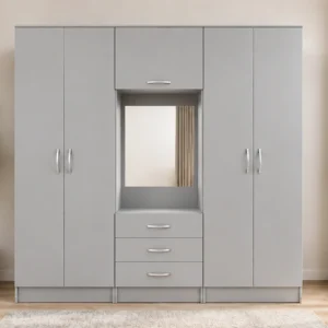 Modern Ash Grey Wardrobe – Six Door Design with Mirror & Drawers