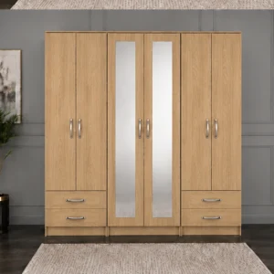 Contemporary 6 Door Wardrobe with Full-Length Mirror Doors | Premium Storage Cabinet with Spacious Drawers for Modern Bedrooms