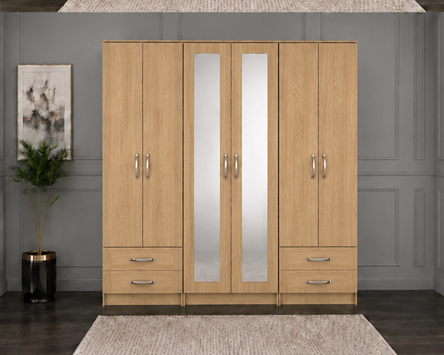 Contemporary 6 Door Wardrobe with Full-Length Mirror Doors | Premium Storage Cabinet with Spacious Drawers for Modern Bedrooms