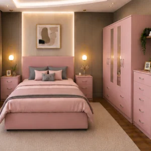 Luxury Pink Double Bed Furniture Set – Four Door Wardrobe with Four Bottom Drawers – Chest of Five Drawers with Two Bedside Tables