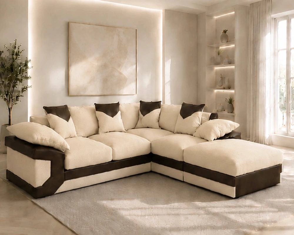 Dino 5 Seater Corner Sofa Cream Leather Touch - Modern L Shape Sofa - Image 5