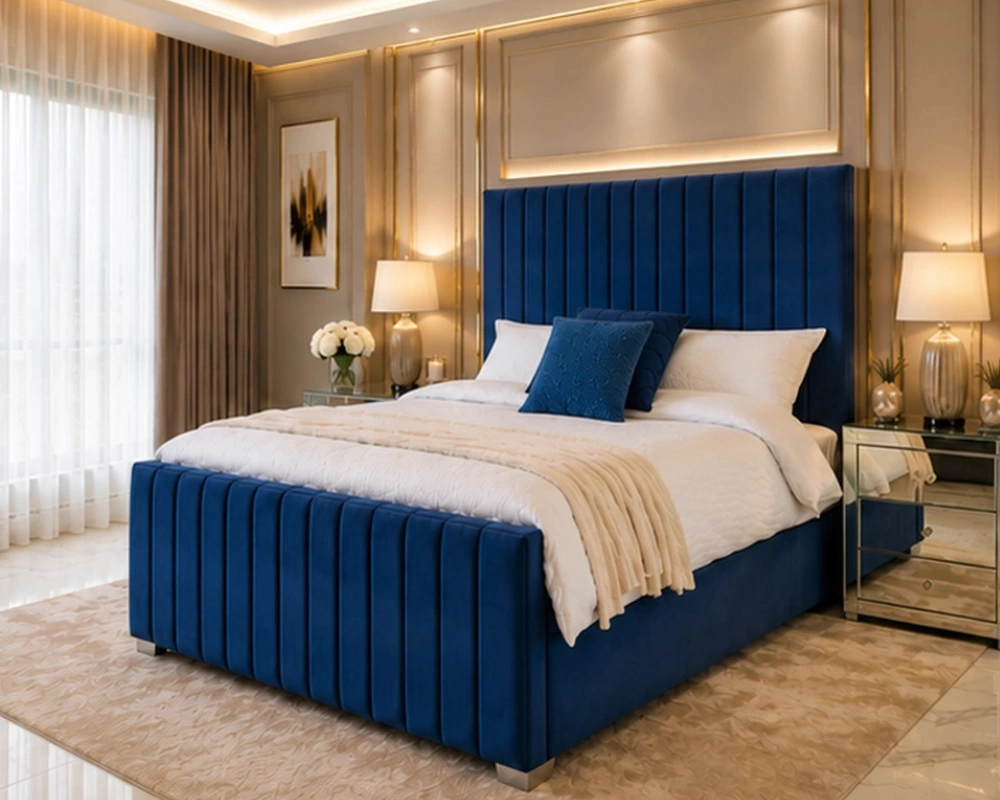 Blue King Size Bed with Mattress – Modern Panel Line King Size Bed with Mattress - Image 4
