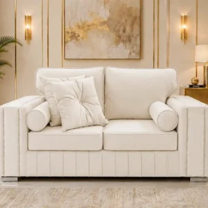 Luxury 2 Seater Sofa – Off White Velvet Fabric with Gold Detail