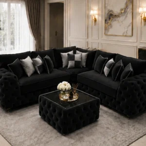 Black L Shape Corner Sofa – Luxury Tufted Lounge Sofa with Premium Finish