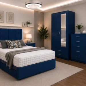 Premium King Bed Collection - 2 Door Mirror Wardrobe With Bottom Drawer - Five Drawer Chest - Two Bedside Tables