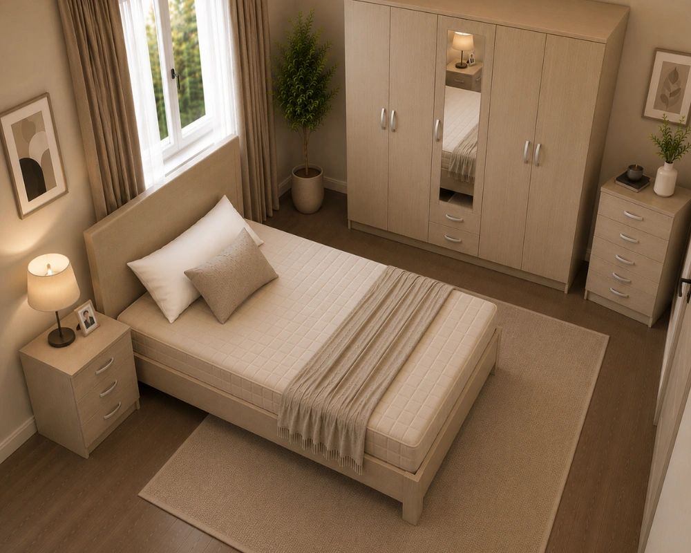 Double Bed Furniture Set - Five Door Wardrobe With One Half Length Mirror And Two Bottom Drawers - Chest of Five Drawers - Two Bedside Tables - Image 4