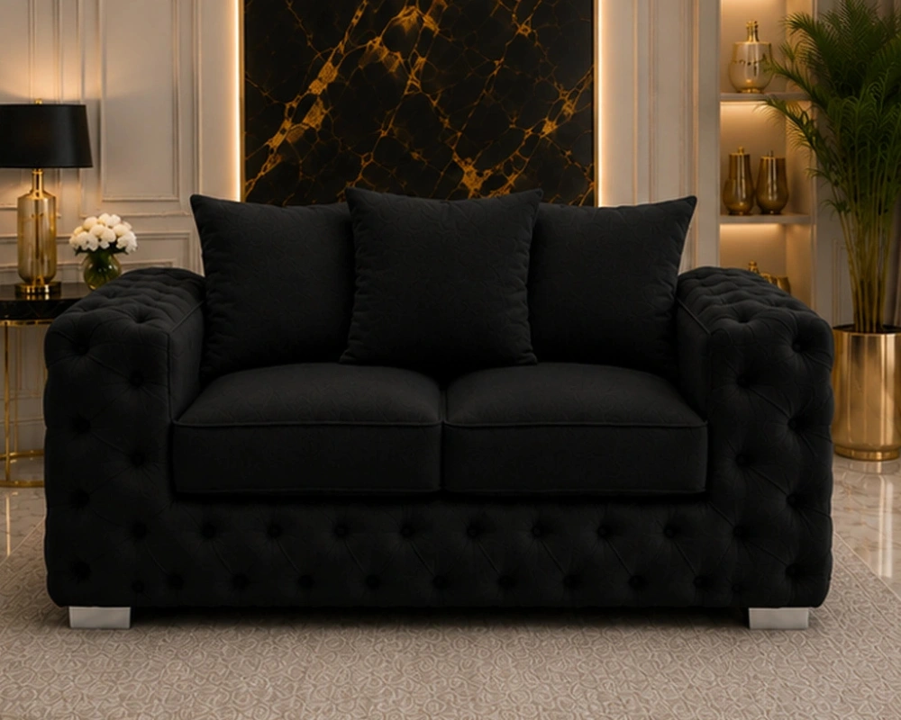 Elegant Black 2 Seater Sofa – Classic Design, Plush Cushions & Button Tufted Finish