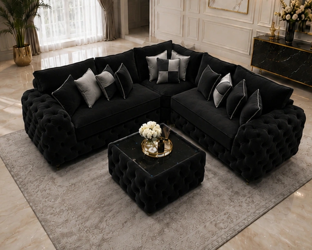 Black L Shape Corner Sofa – Luxury Tufted Lounge Sofa with Premium Finish - Image 3
