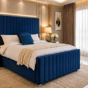 Blue King Size Bed with Mattress – Modern Panel Line King Size Bed with Mattress
