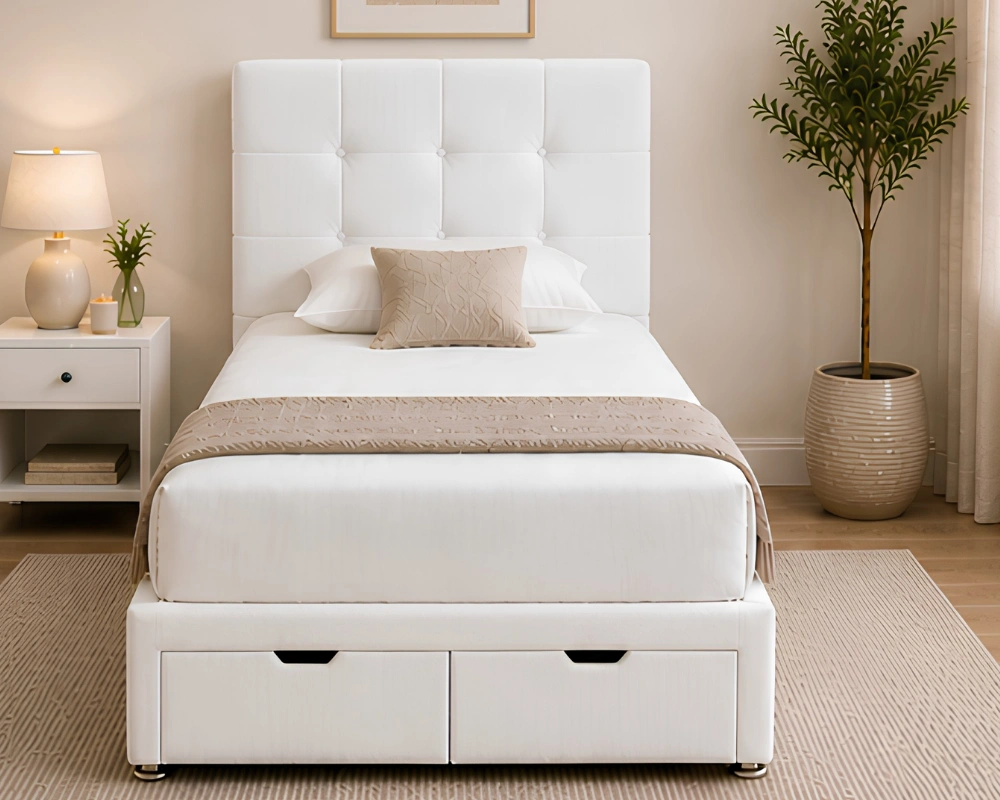 Classic Ivory Single Divan – 3ft | 90 × 190 cm with Comfortable Mattress & Drawers