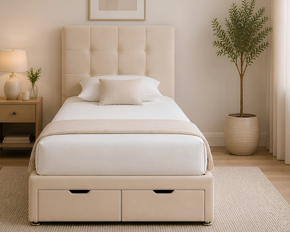 Sandstone 3ft Divan – 90 × 190 cm with Padded Finish & Drawer Storage