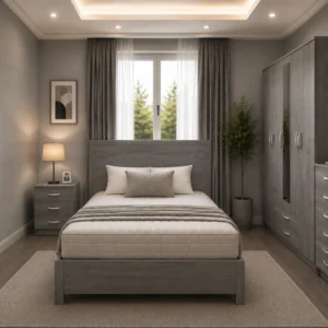 Modern Bedroom Furniture Set - Double Bed - 5 Door Wardrobe With Half Length Mirror And Two Bottom Drawers - Five Drawer Chest - Two Bedside Tables