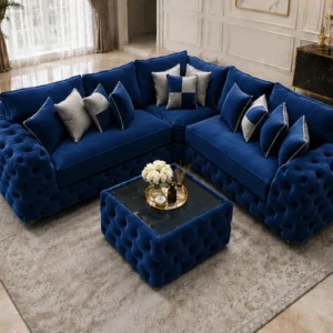 Luxury Blue Corner Sofa L Shape – Plush Designer Sofa with Premium Upholstery