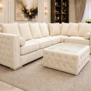 Cream 5 Seater Sofa – Elegant Quilted Luxury Sofa with Gold Accents
