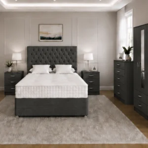 Modern Charcoal Double Bed Furniture Collection – Four Door Wardrobe with Four Bottom Drawers – Chest of Five Drawers with Two Bedside Tables