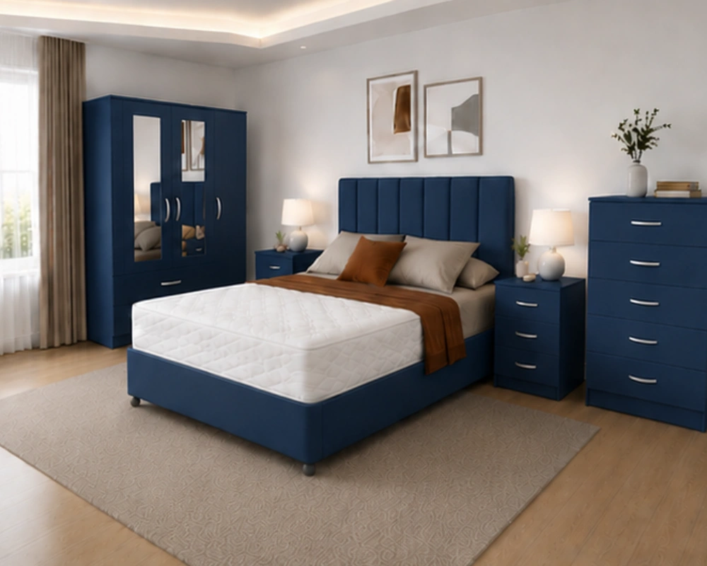 Complete Double Bed Bedroom Set - 3 Door Wardrobe With Two Full Length Mirrors And Two Bottom Drawers - Five Drawer Chest - Two Bedside Tables - Image 2