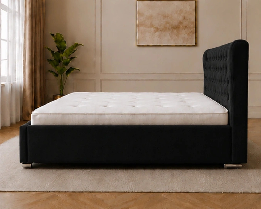 Onyx Black Oxford Double Bed – Premium Padded Headboard with Mattress Included - Image 3