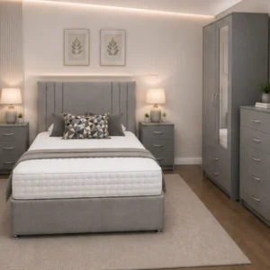 Stylish king Bed Furniture Set - 2 Door Wardrobe With Full Length Mirror - Five Drawer Chest - Two Bedside Tables