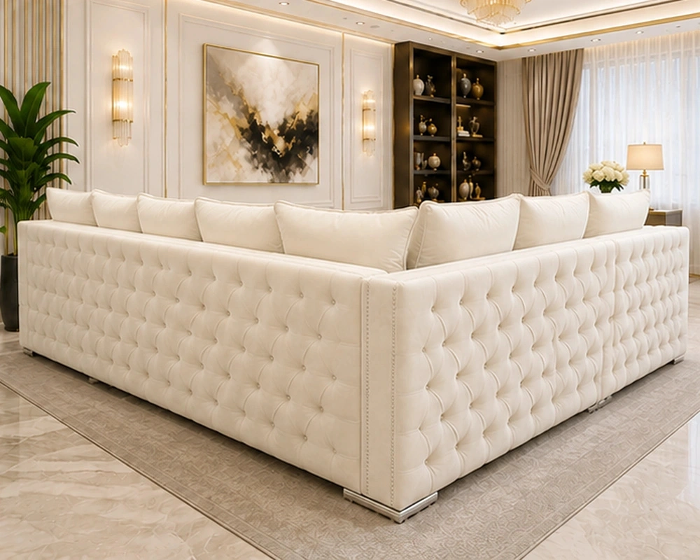 Cream 5 Seater Sofa – Elegant Quilted Luxury Sofa with Gold Accents - Image 3