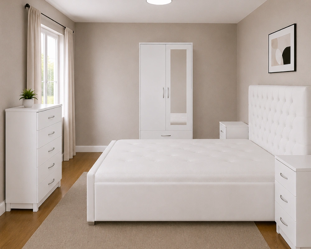 King Size Bed Room Set with Two Door Wardrobe With One Mirror , Chest of Five Drawers & With Two Bed Side Table - Image 3