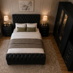 Premium Wooden Double Bed Set with Four Door Wardrobe With Four Drawer - Chest of Five Drawers With Two Bed Side Table