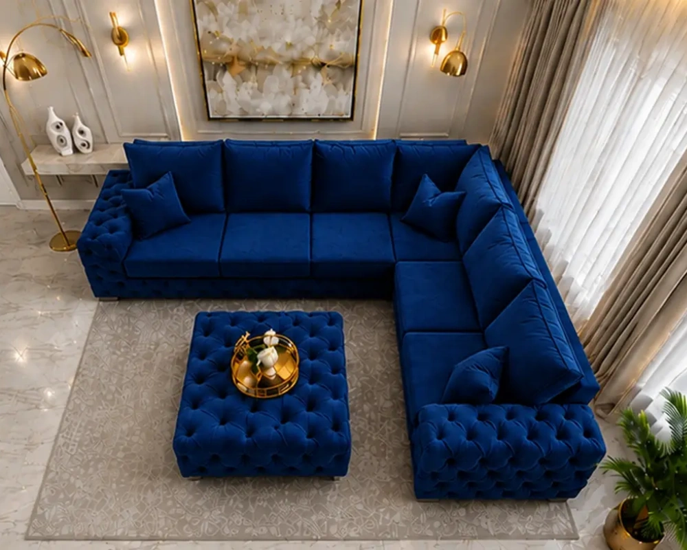 5 Seater Dark Blue Corner Sofa – Luxury Buttoned Living Room Sofa - Image 2