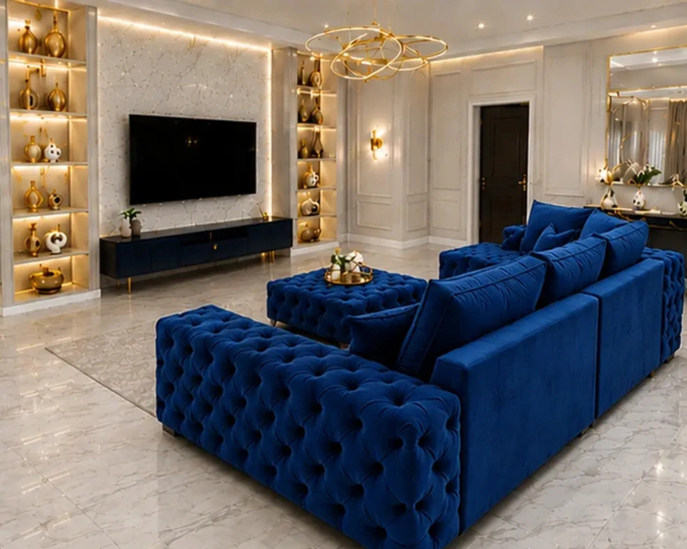5 Seater Dark Blue Corner Sofa – Luxury Buttoned Living Room Sofa - Image 4