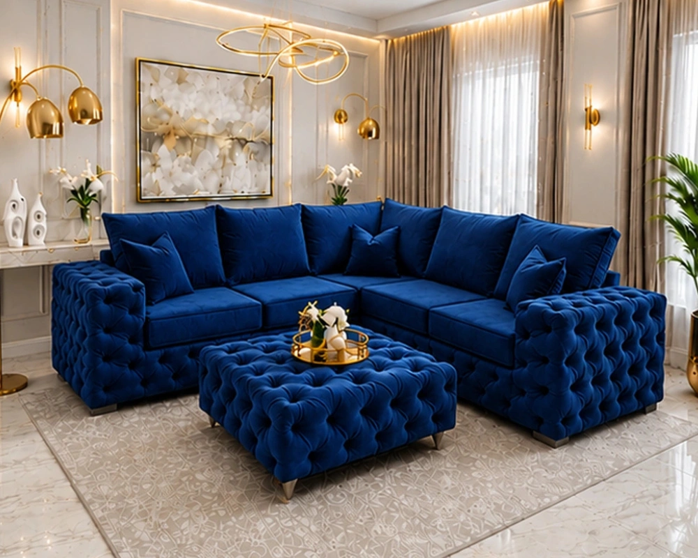 5 Seater Dark Blue Corner Sofa – Luxury Buttoned Living Room Sofa