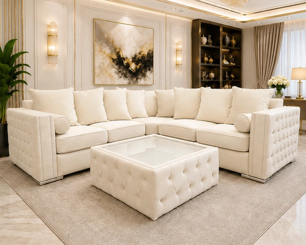 Cream 5 Seater Sofa – Elegant Quilted Luxury Sofa with Gold Accents - Image 4