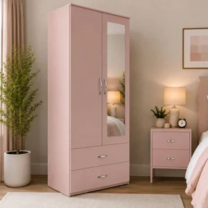 2 Door Mirrored Wardrobe with 2 Drawers - Modern Bedroom Storage Cabinet