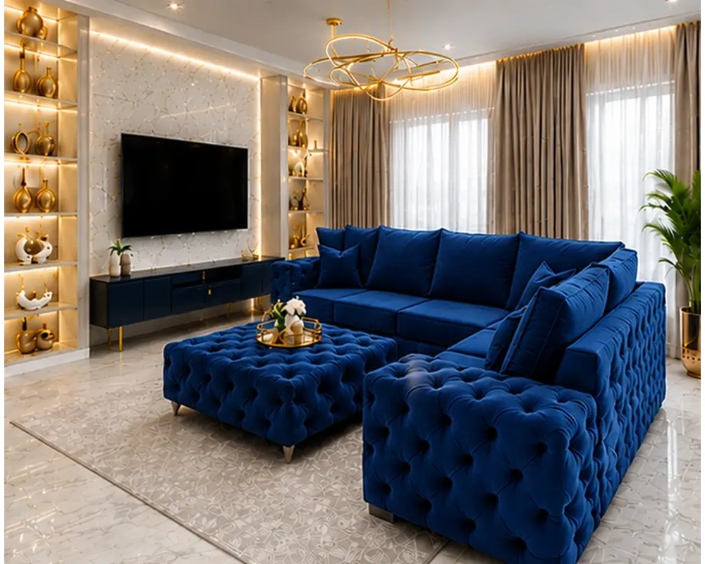 5 Seater Dark Blue Corner Sofa – Luxury Buttoned Living Room Sofa - Image 3