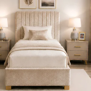 Latte Beige Upholstered Bed – 3ft - 90 × 190 cm with Mattress & Storage