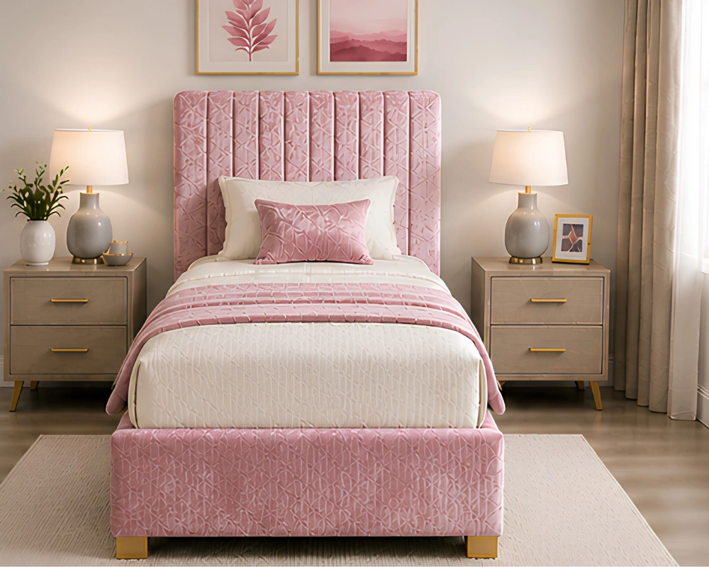 Soft Pink Upholstered Divan – 3ft - 90 × 190 cm with Mattress & Storage