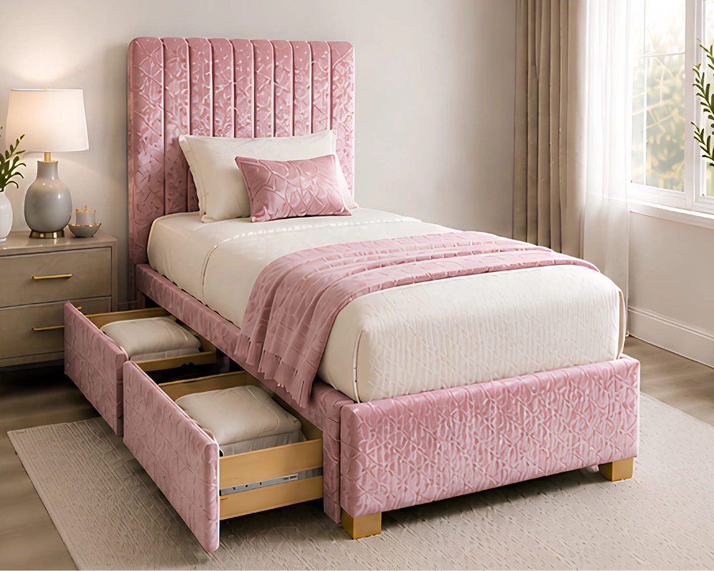 Soft Pink Upholstered Divan – 3ft - 90 × 190 cm with Mattress & Storage - Image 2